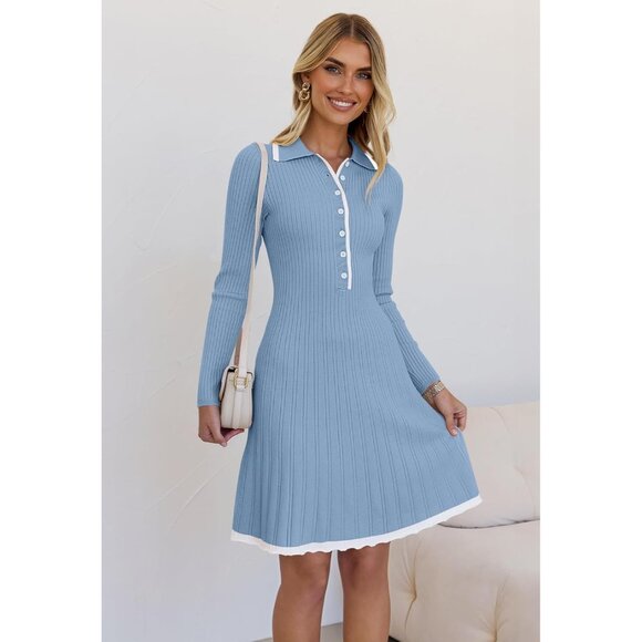 Merokeety Women's Blue Long Sleeve V Neck Button Knit Pleated Sweater Dress - Picture 7 of 7